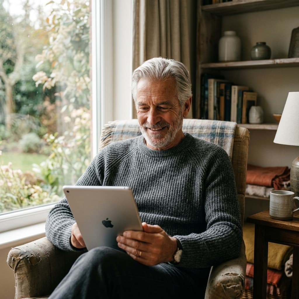 Älterer Herr, der sicher und souverän ein Tablet in seinem Wohnzimmer bedient