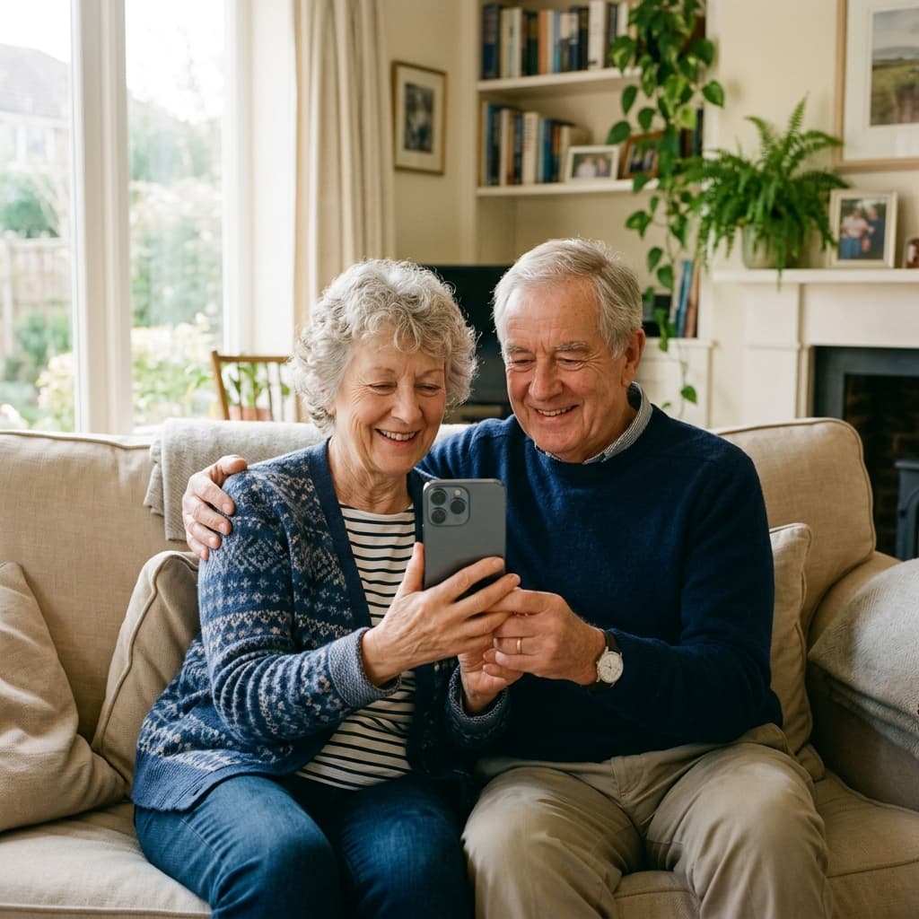 Älteres Paar, das gemeinsam lächelnd auf ein Smartphone schaut