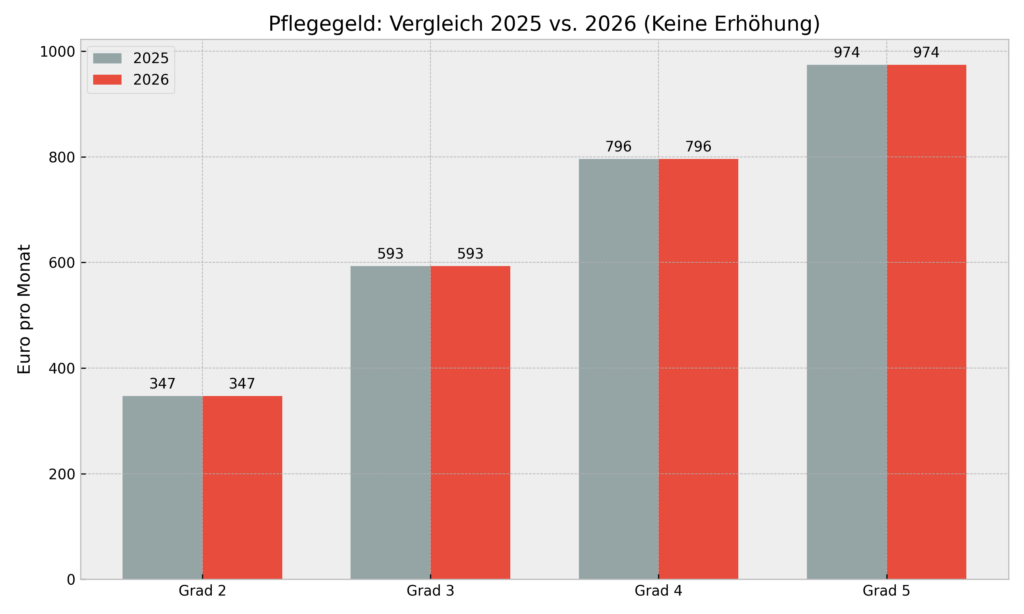 Das Diagramm zeigt das gleichbleibende Pflegegeld in 2025 und 2026