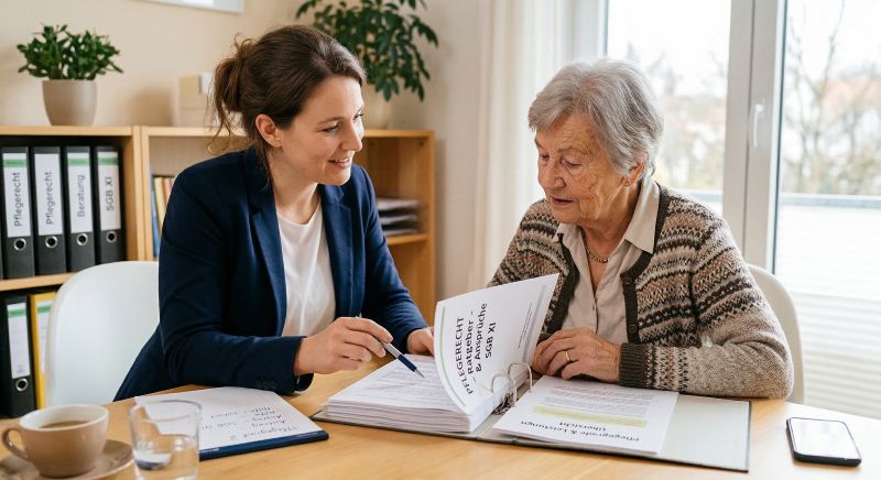 Das Bild zeigt eine Seniorin, die sich zum Pflegerecht beraten lässt.